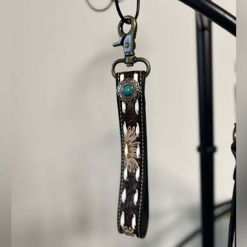 New Myra Bag Floral Turquoise tooled leather key chain fob gift wristlet